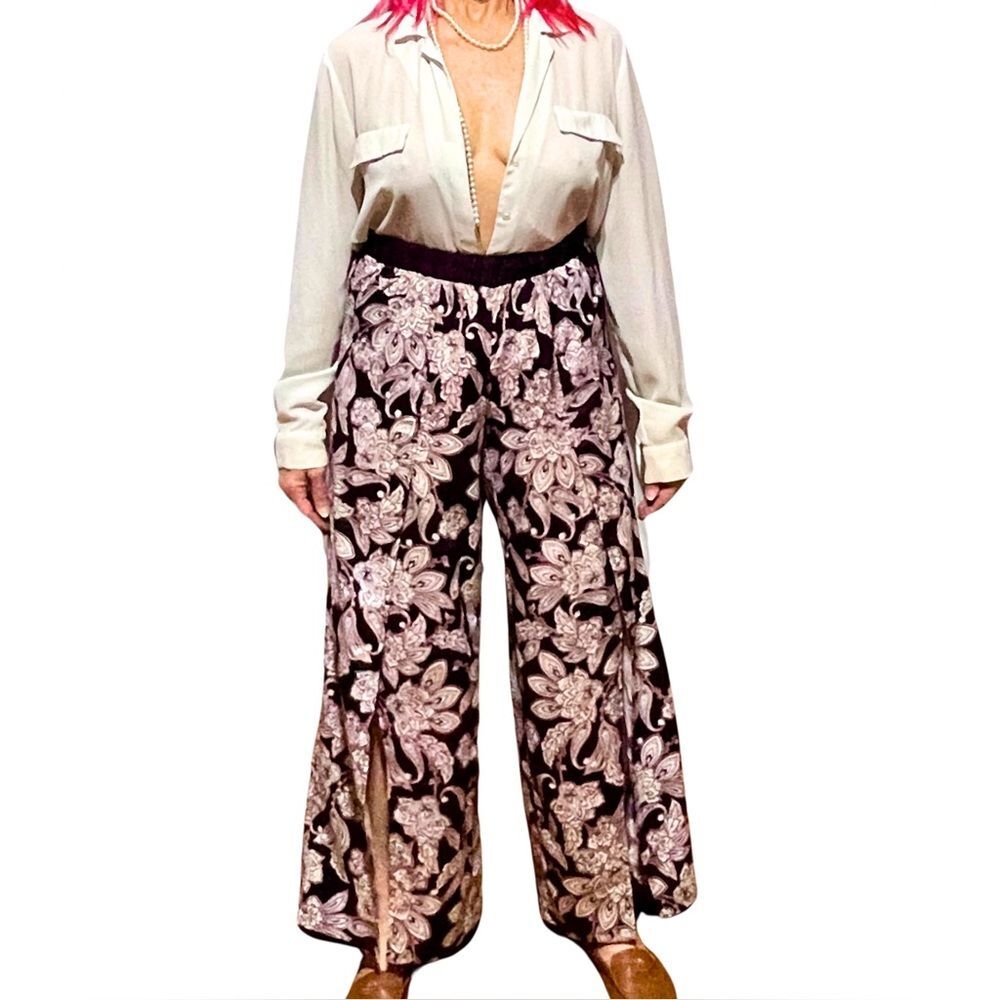Drapey Dark Floral Silky Palazzo Pants Front Slits Festival Boho